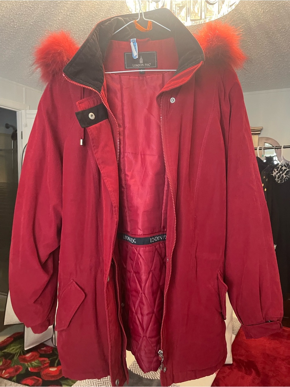 London Fog Red Women's Parka with Faux Fur Trim